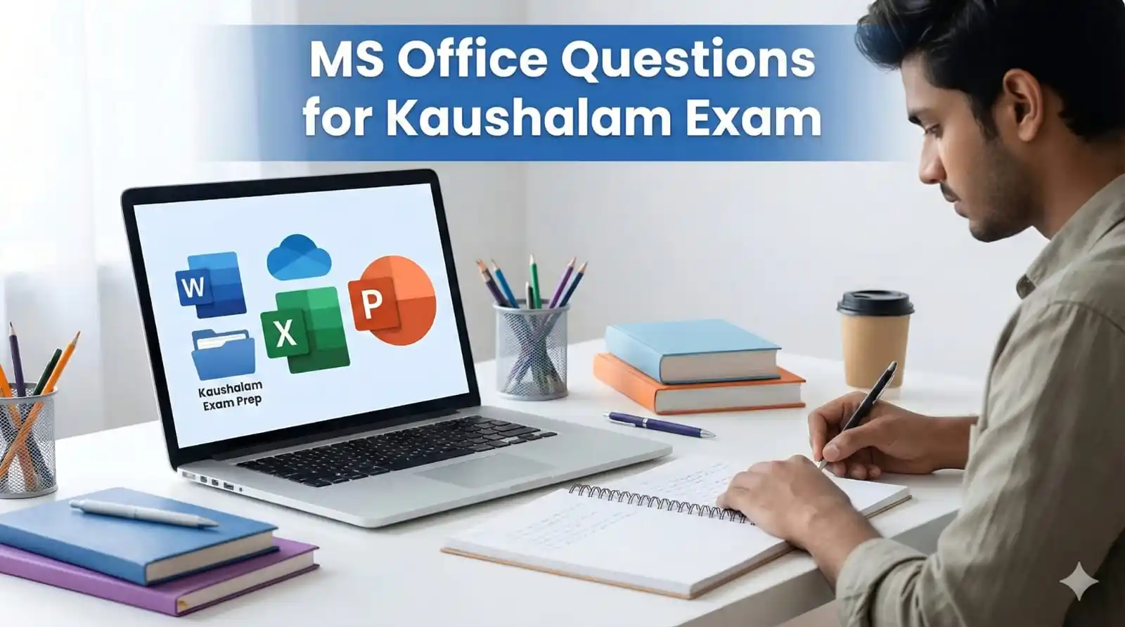 MS Office Questions for Kaushalam Exam student learning Word Excel PowerPoint on laptop