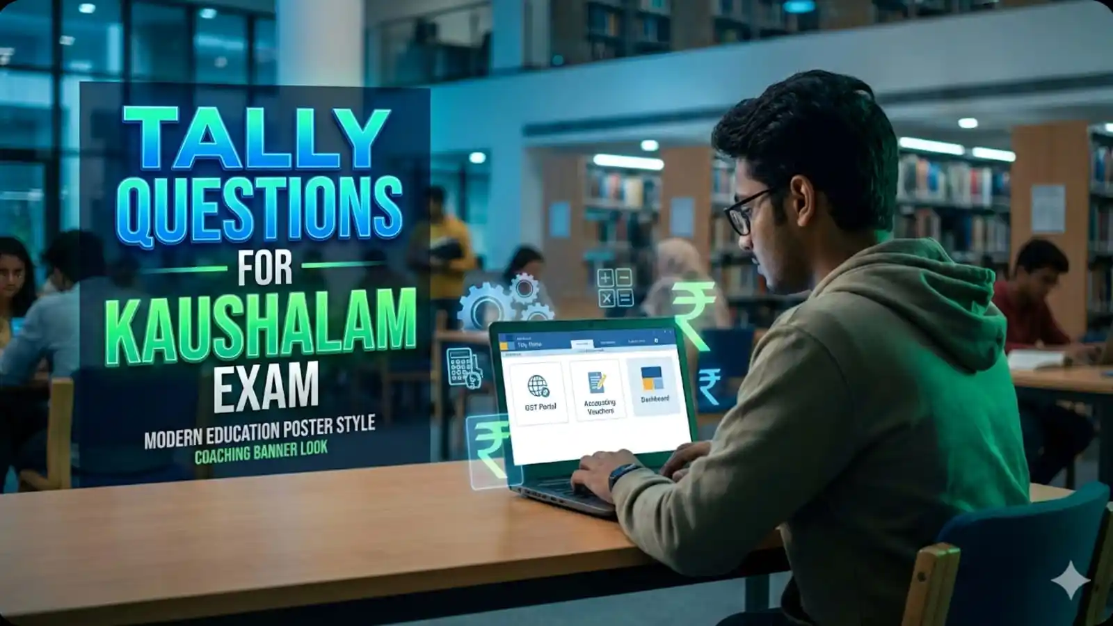 Tally Questions for Kaushalam Exam student learning Tally GST vouchers on laptop AP Kaushalam assessment
