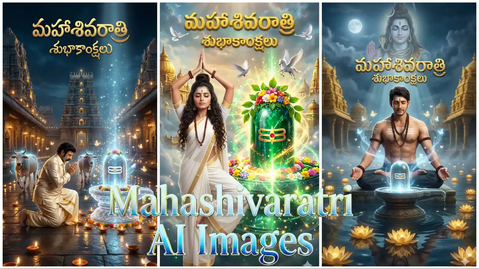 Mahashivaratri AI images collage featuring Devaloka background, glowing Shiva Lingam, devotees in devotional poses, cinematic 9:16 posters, Mahashivaratri AI Images 2026