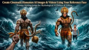 Cinematic Hanuman AI poster showing Hanuman pulling a man through ocean storm created using prompt writing