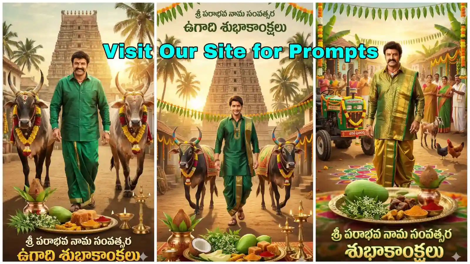 Ugadi festival cinematic poster created using AI image prompts with temple village and festive decorations