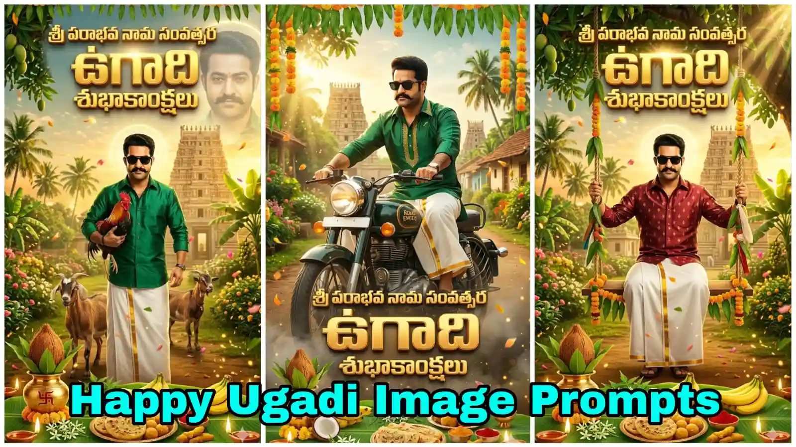 happy ugadi chatgpt prompts cinematic posters telugu festival designs bike rooster goats village hero vibrant colors hd, ntr happy ugadi