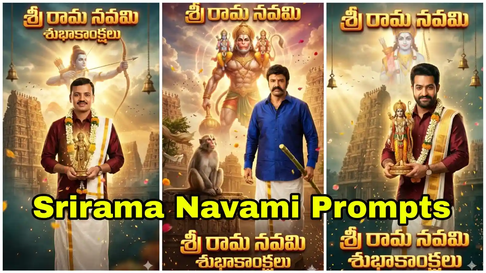 Srirama Navami Prompts collection of AI devotional posters with Lord Rama, Hanuman and temple backgrounds, balakrishna, ntr
