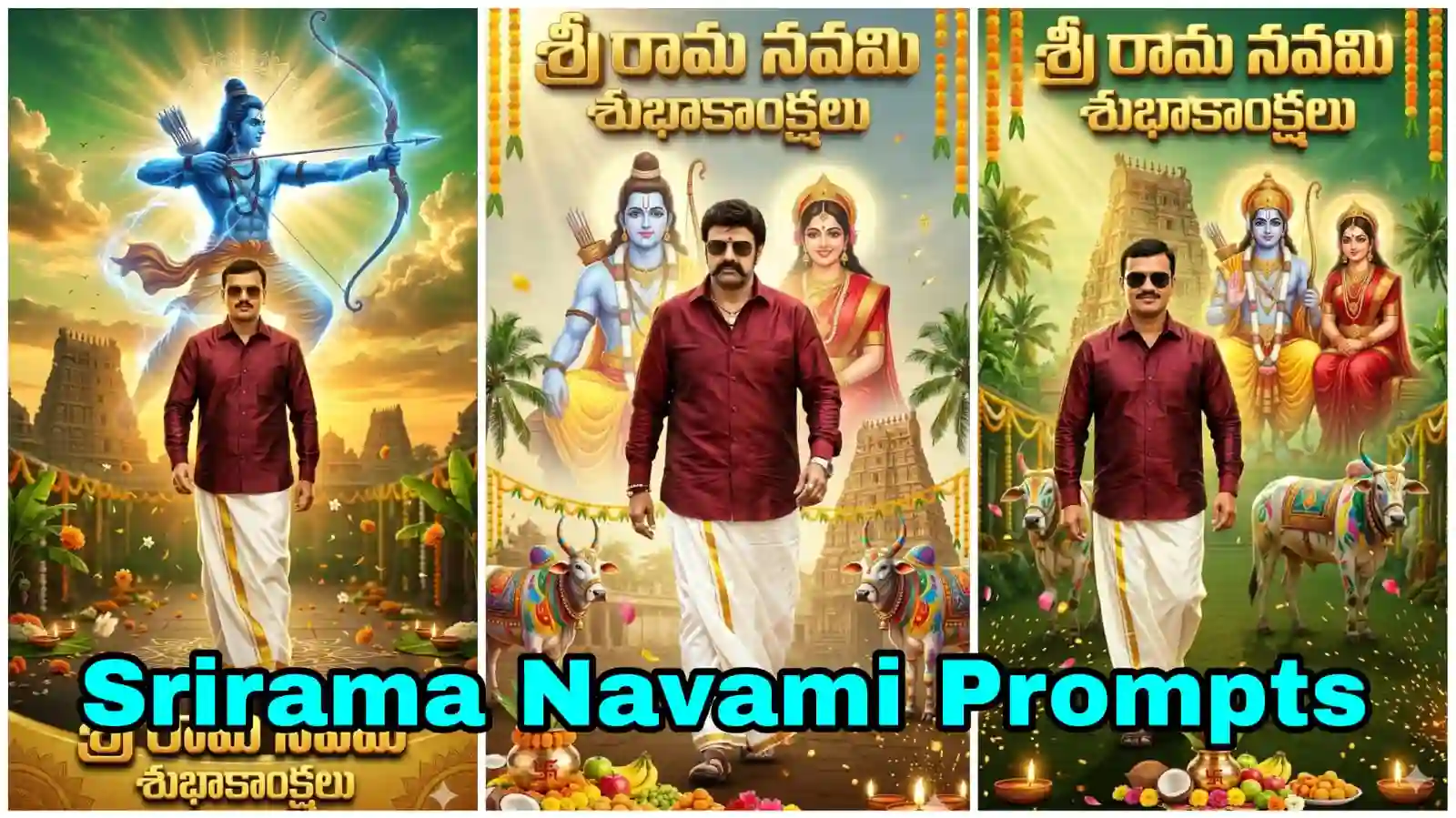 Srirama Navami Prompt AI generated devotional images with Lord Rama temple background cinematic posters, balakrishna, nbk