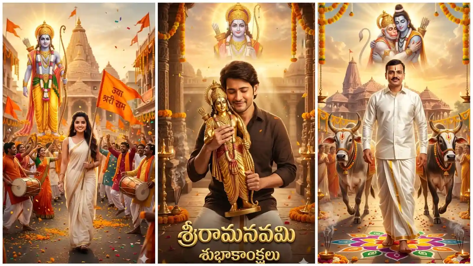 Best Sriramanavami AI prompts collection for creating cinematic devotional images with Rama, Hanuman and festival scenes, mahesh babu