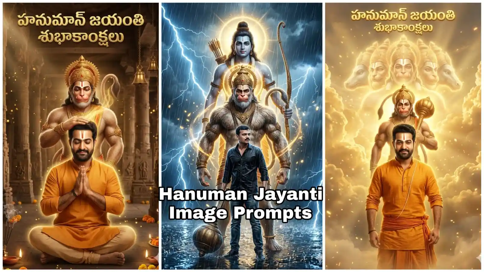 Hanuman blessing devotee with glowing aura cinematic Hanuman Jayanti poster, Hanuman Jayanti Image Prompts Viral AI Devotional Poster