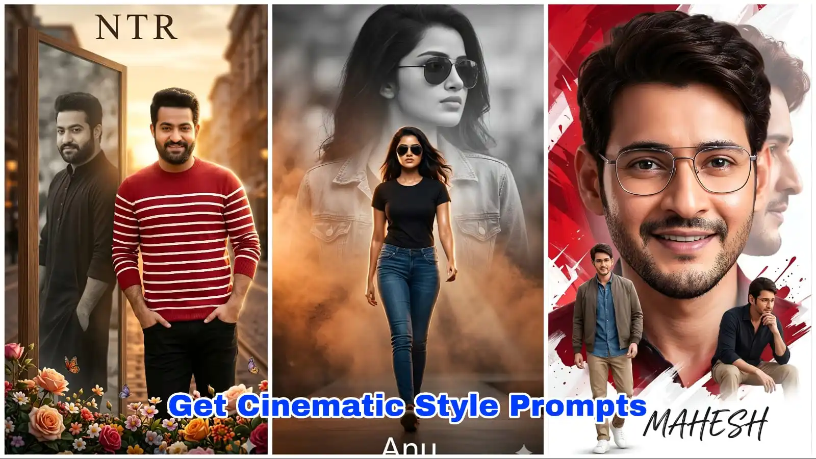 AI prompts for creating ultra realistic cinematic images with HDR lighting and professional composition, mahesh , ntr, anupama