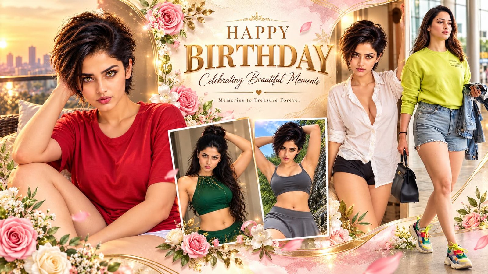 Luxury birthday album design created with AI using multiple portrait photos and elegant golden frames.